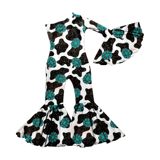 Baby Girls Western Long Sleeve One Shoulder Cow Turquoise Bell Pants Jumpsuits preorder(moq 5)