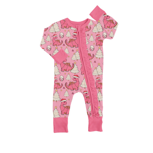 Baby Infant Girls Christmas Pink Dinosaur Zip Rompers preorder(moq 5)