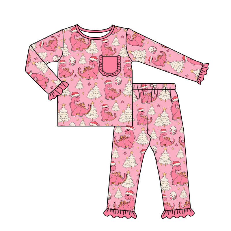 Baby Girls Christmas Pink Dinosaur Top Pants Pajamas Sets preorder(moq 5)