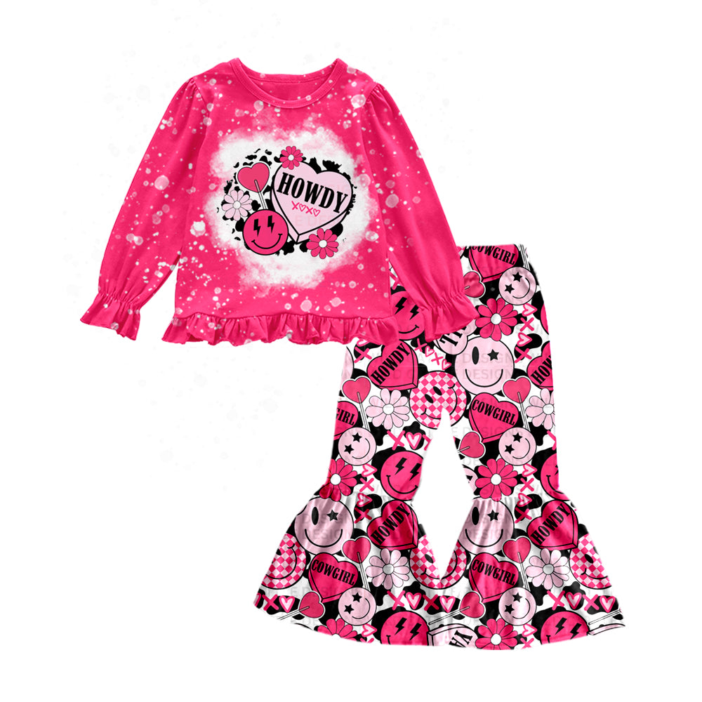 Baby Girls Pink Valentines Howdy Smile Tee Shirts Top Bell Pants Clothes Sets preorder(moq 5)