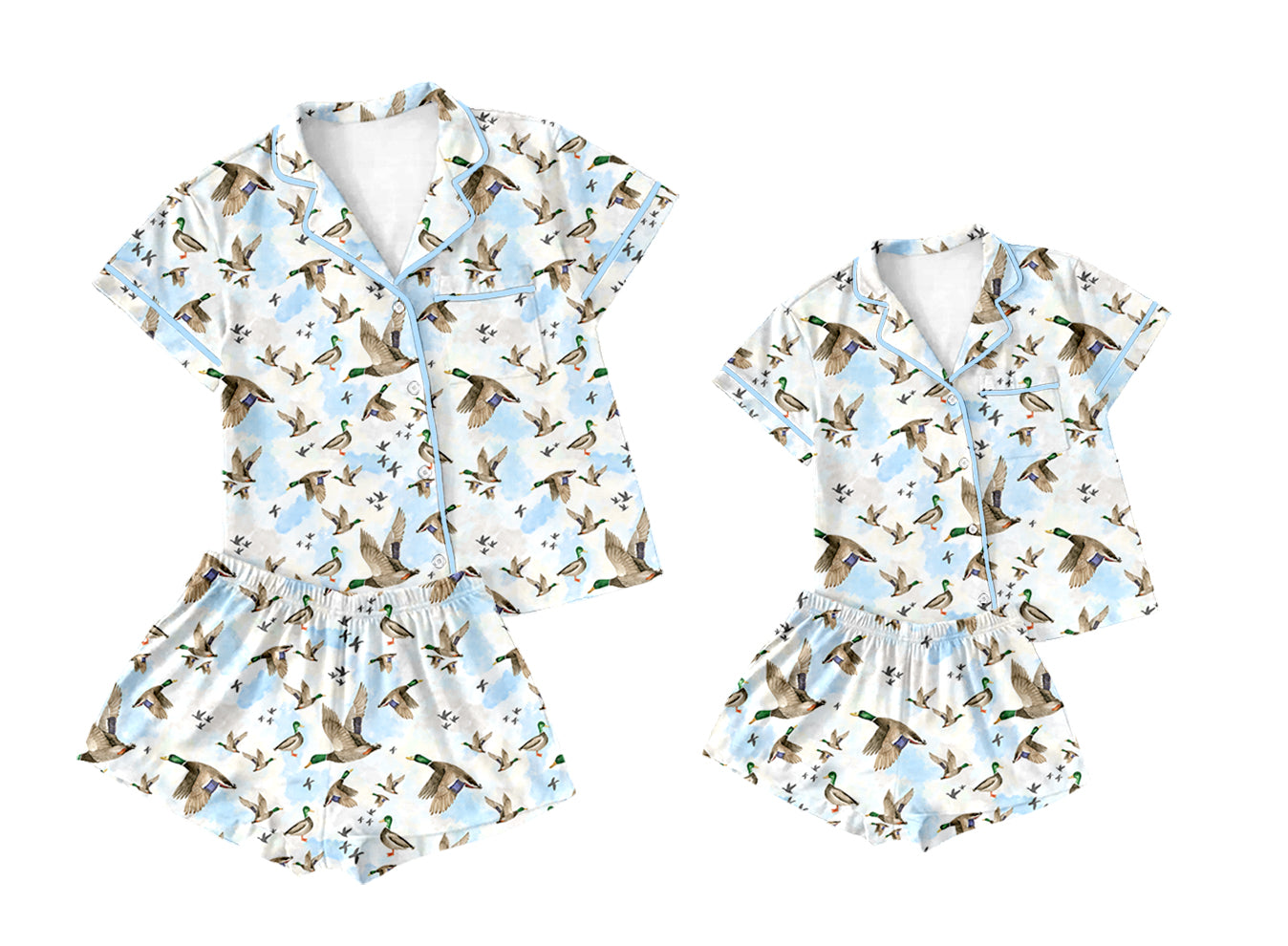 Preorder moq 5 Custom Mama And Me Short Sleeves Ducks Button Pocket Top Short Pajamas Sets