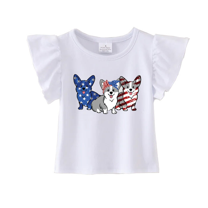 Baby Girls Three Dog 4th Of July Flutter Sleeve Tee Shirts Tops Preorder(moq 5)