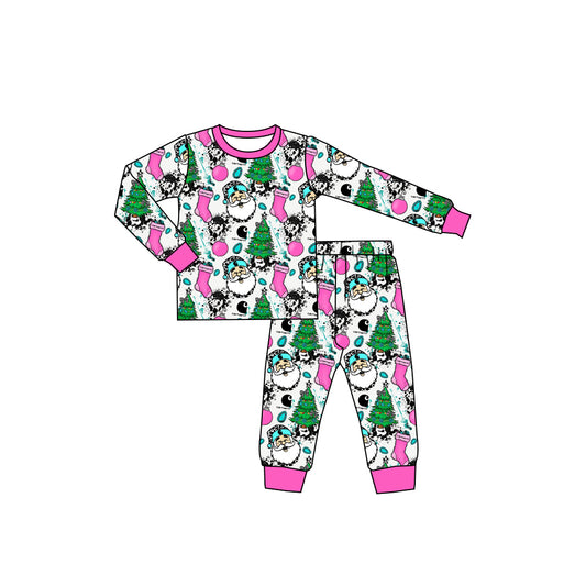 Preorder (moq 20)Baby Girls Bamboo Christmas Pink Santa Pajamas Sets