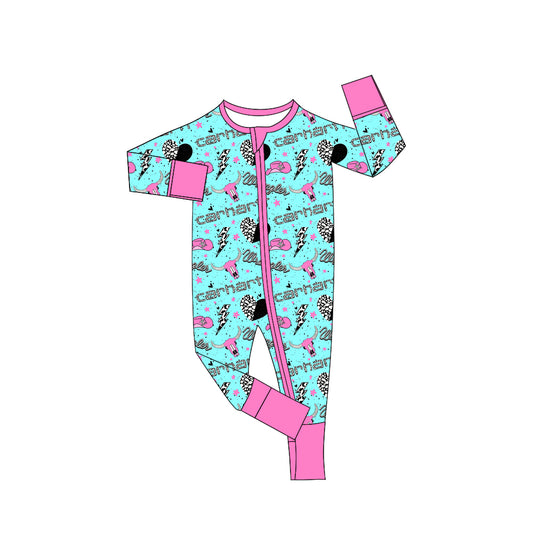 Preorder (moq 20)Baby Girls Bamboo Western Cow Hearts Zippy Footie Rompers