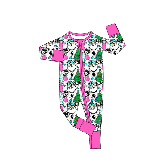 Preorder (moq 20)Baby Girls Bamboo Christmas Pink Santa Zippy Footie Rompers