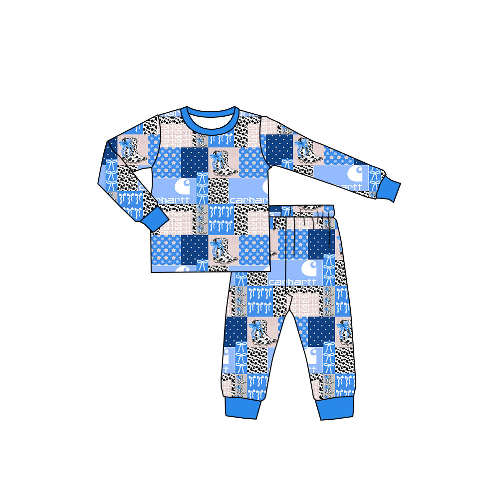 Preorder (moq 20)Baby Girls Bamboo Western Blue Bows Pajamas Sets