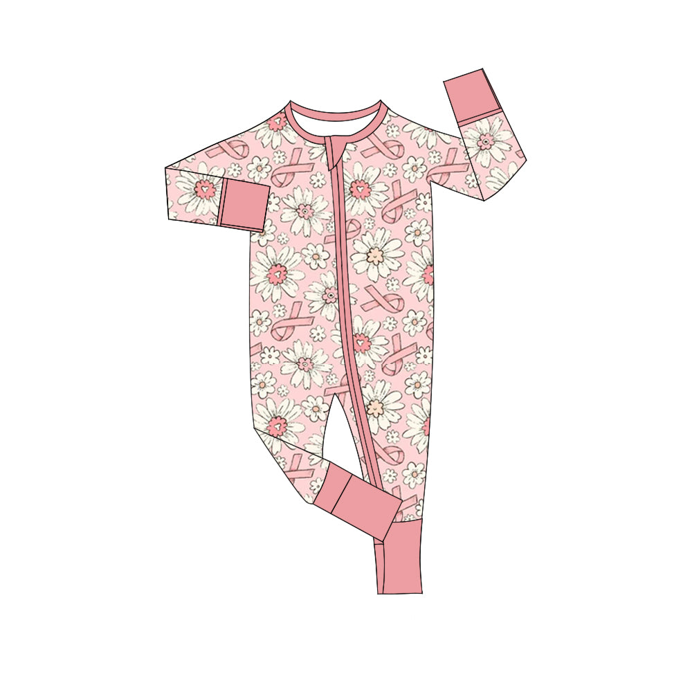 Preorder(moq 5)Baby Girls Pink Cross Flowers Zipper Footie Rompers