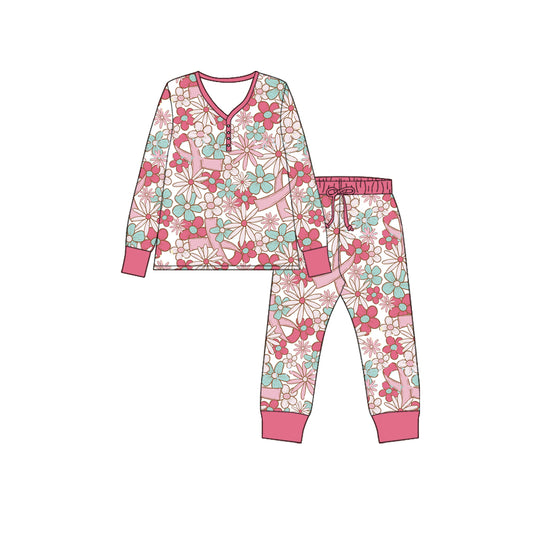 Preorder moq 5 Adult Women Pink Blue Cross Flowers Top Pants Pajamas Sets