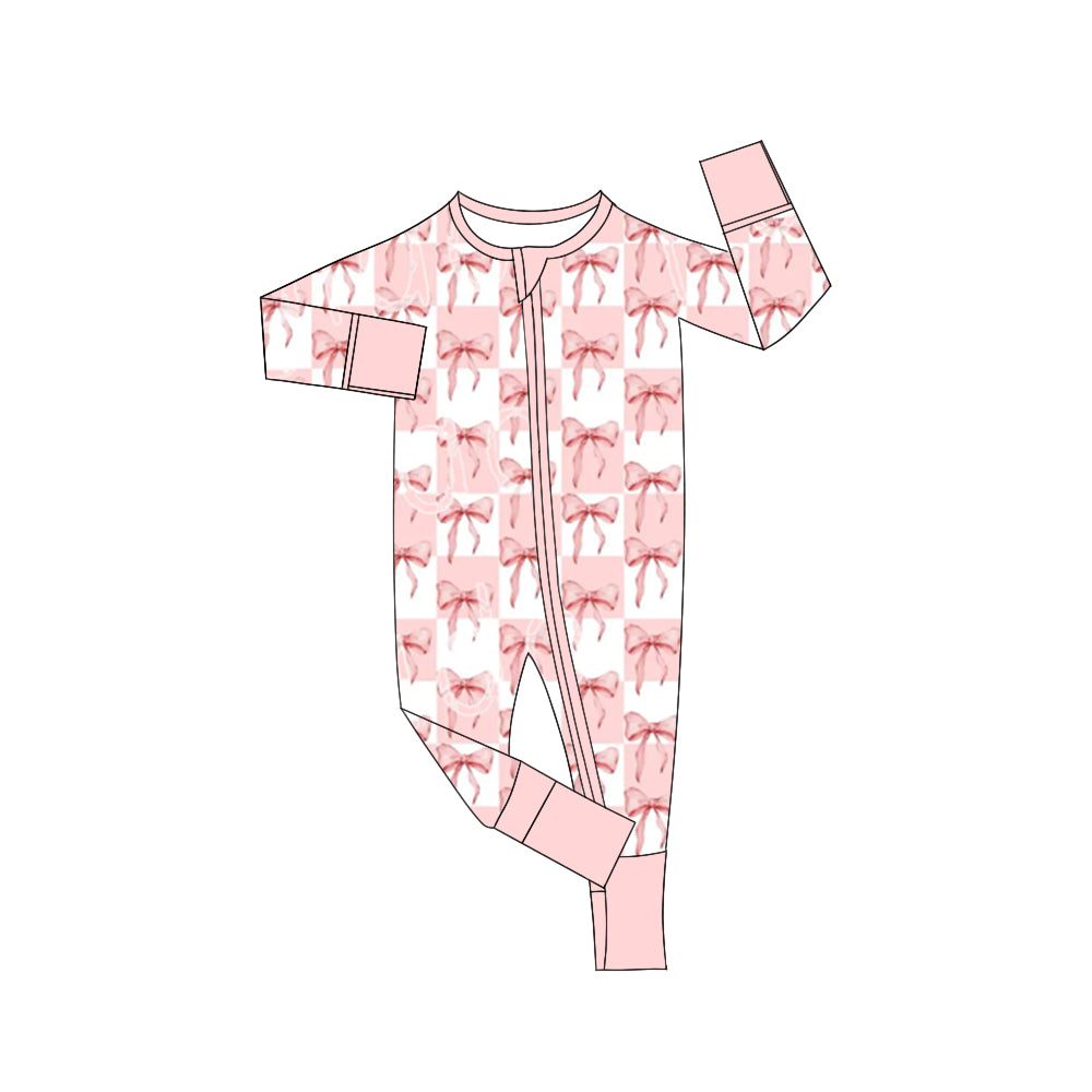 Preorder (moq 5)Baby Girls Pink Bows Checkered Long Sleeves Zipper Rompers