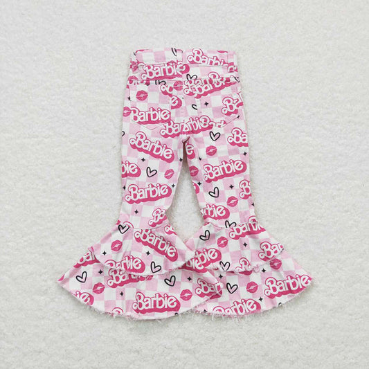 Baby Girls Pink Doll Valentines Checkered Hearts Denim Bell Flare Pants