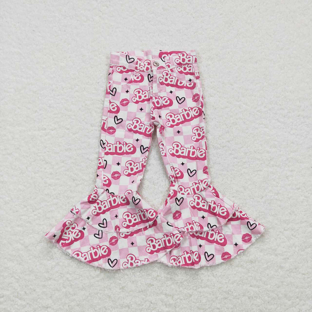 Baby Girls Pink Doll Valentines Checkered Hearts Denim Bell Flare Pants