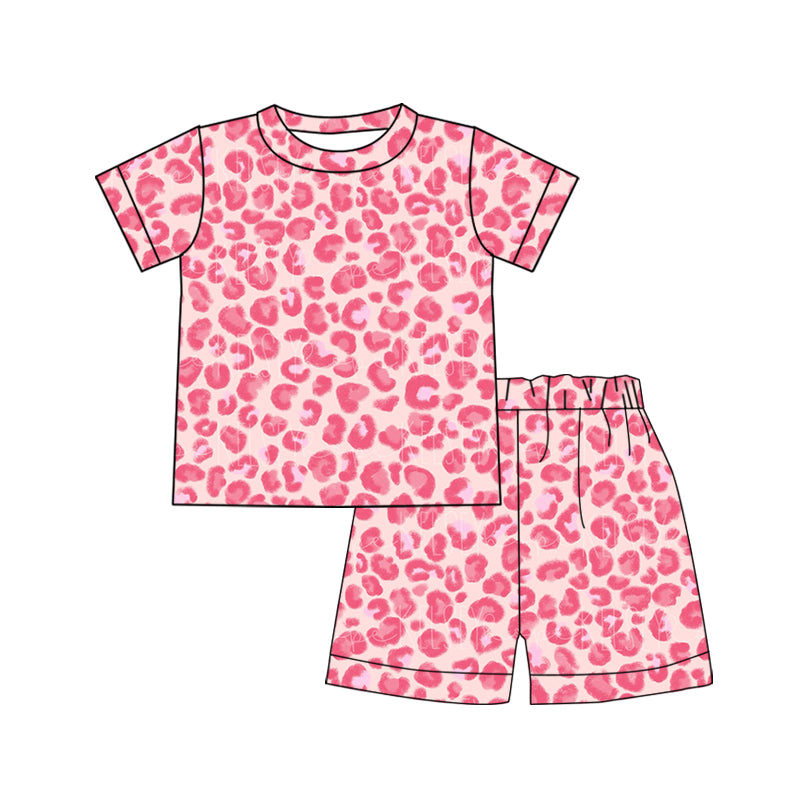 moq 5 preorder Baby Girls Pink Leopard Short Sleeve Top Shorts Pajamas