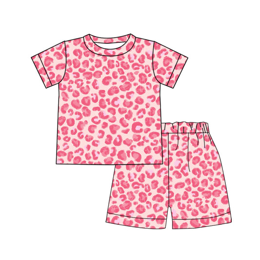 moq 5 preorder Baby Girls Pink Leopard Short Sleeve Top Shorts Pajamas