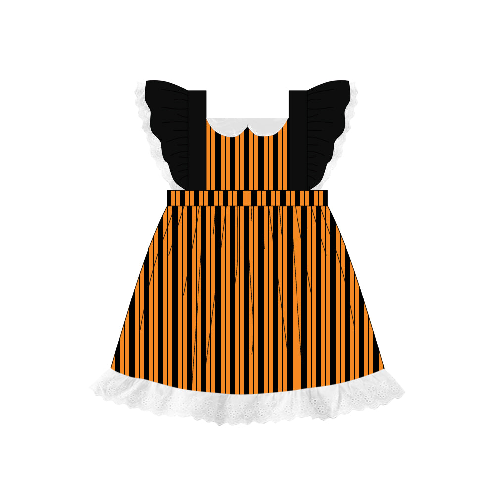 Preorder (moq 5)Baby Girls Black Flutter Sleeves Yellow Stripes Lace Knee Length Dresses