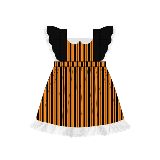 Preorder (moq 5)Baby Girls Black Flutter Sleeves Yellow Stripes Lace Knee Length Dresses