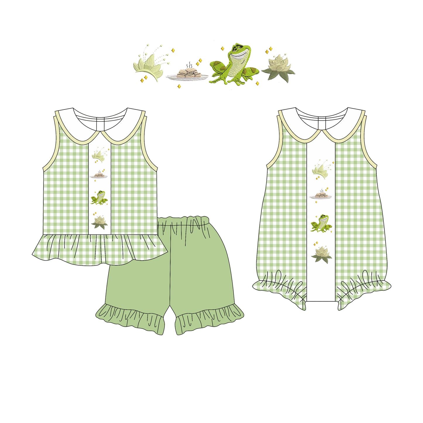 Preorder moq 5 Custom Baby Girls Green Plaid Sleeveless Frogs Tunic Ruffle Short Set Rompers