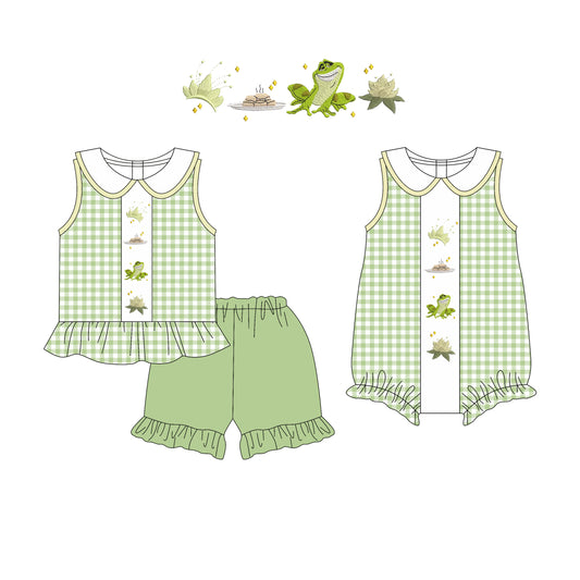 Preorder moq 5 Custom Baby Girls Green Plaid Sleeveless Frogs Tunic Ruffle Short Set Rompers