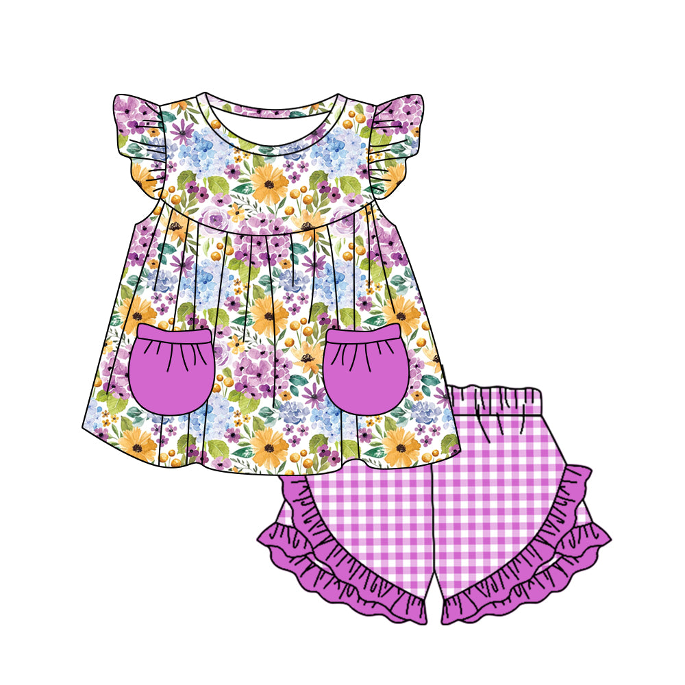 Baby Girls Purple Flowers Pockets Tunic Top Ruffle Shorts Clothing Sets Preorder(moq 5)