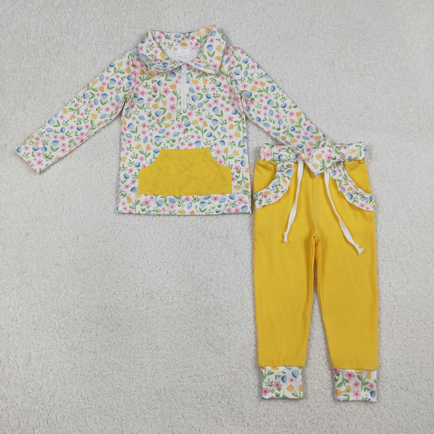 Baby Girls Colorful Flowers Zip Pocket Pullovers Jogger Pants Clothes Sets