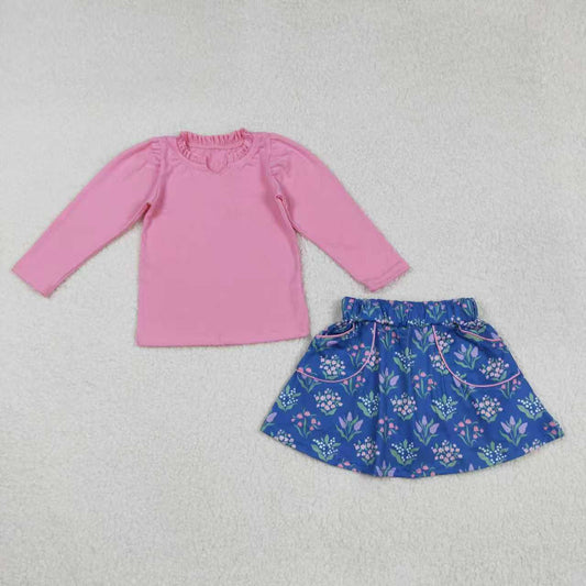 Sibling Baby Girls Pink Shirts Blue Floral Pockets Skorts Clothes Set Knee Length Dresses