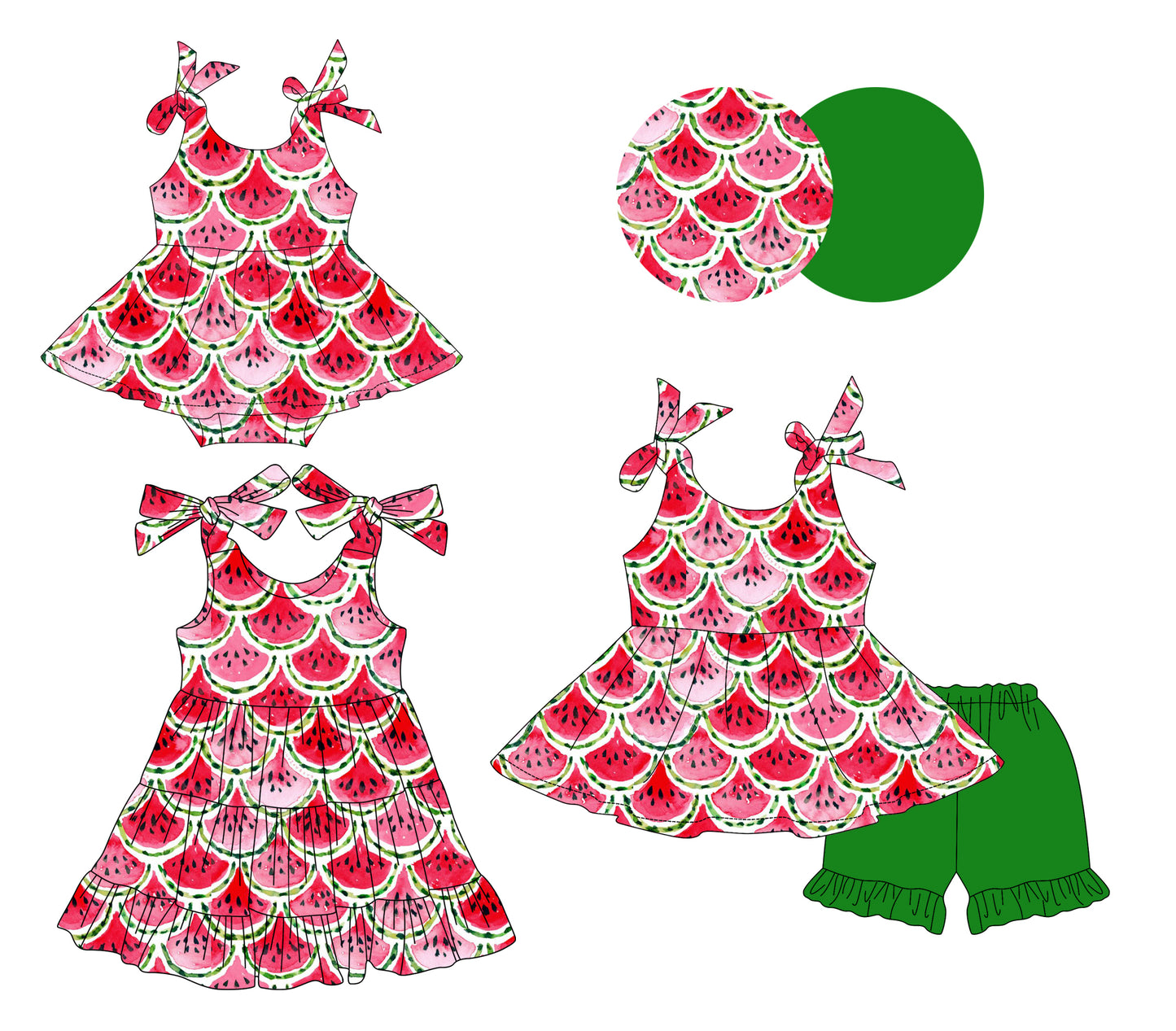 Preorder moq 5 Custom Baby Girls Watermelon Tunic Green Ruffle Short Set Knee Length Dress Bummies Dress Rompers