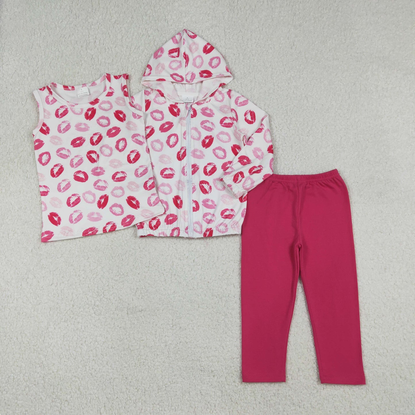 Baby Girls Red Mouths Plaid Vest Zip Cardigan Hoodies Leggings 3 Pcs Valentines Clothes Sets