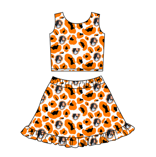 Preorder (moq 5)Baby Girls Orange Leopard Dogs Vests Ruffle Skirt Shorts Team Clothes Set