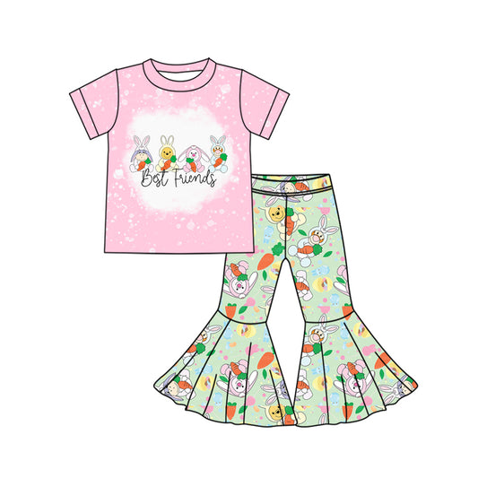 Baby Kids Pink Easter Rabbits Best Friends Top Bell Pants Girls Clothing Sets preorder(MOQ 5)