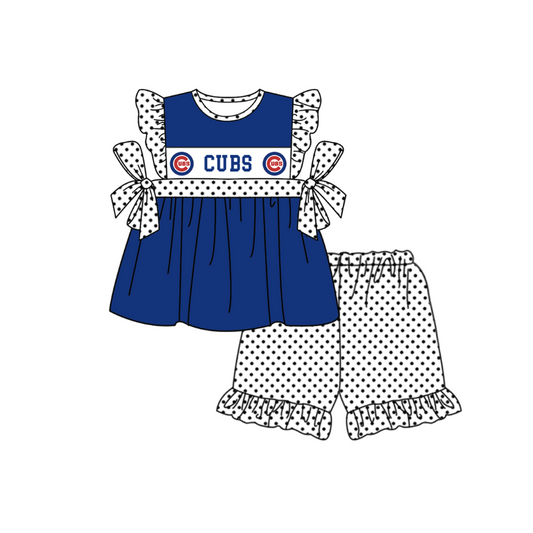 Preorder (moq 5)Baby Girls Flutter Sleeve Cubs Tunic Polka Dots Ruffle Shorts Team Clothes Sets