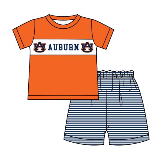 Preorder (moq 5)Baby Boys Orange Short Sleeve Auburn Stripe Short Team Clothes Sets