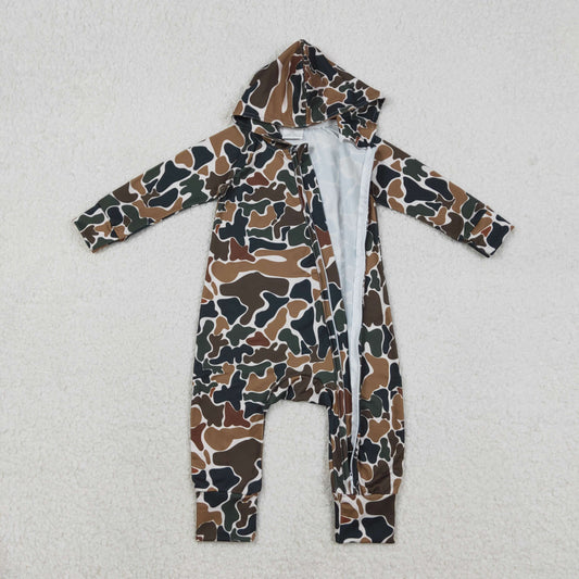 Baby Boys Southern Dark Brown Camo Hoodie Two Way Zip Convertible Rompers