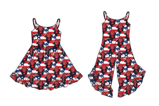 Preorder moq 5 Custom Baby Girls Strap Red Stripe Bull Skull Ruffle Jumpsuits Knee Length Dresses