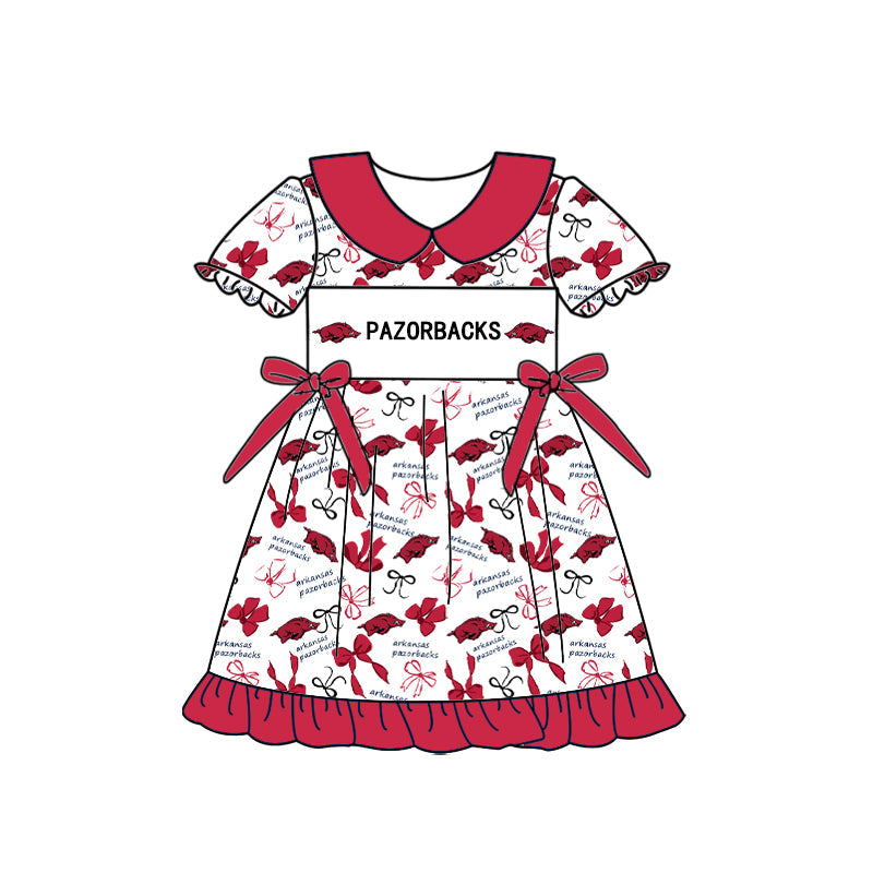 Preorder (moq 5)Baby Girls Short Sleeve Pazorbacks Bows Collar Team Ruffle Knee Length Dress