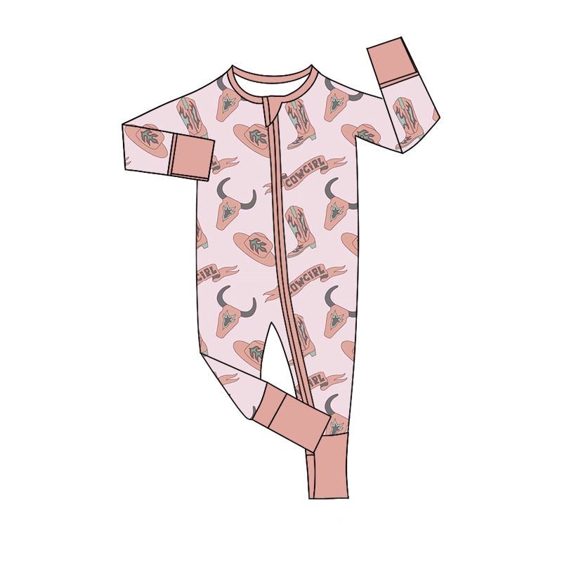 Baby Infant Western Cowgirl Bamboo Long Sleeve Zip Rompers preorder(moq 5)