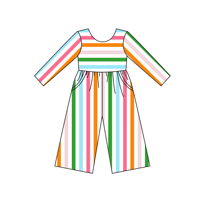 Preorder (moq 5)Baby Girls Colorful Stripes Spring Pockets Jumpsuits