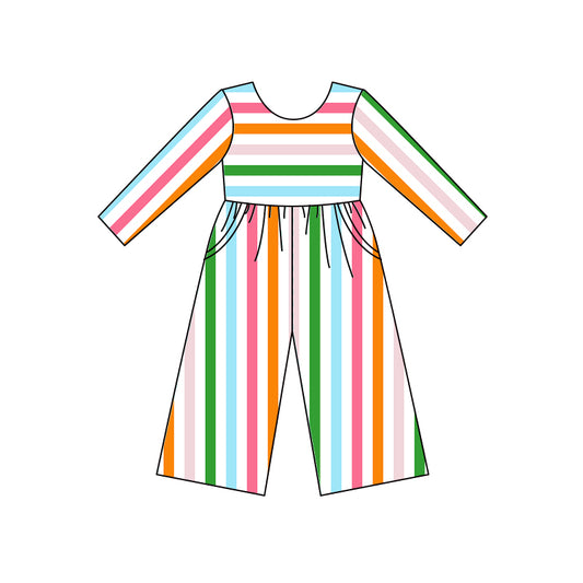 Preorder (moq 5)Baby Girls Colorful Stripes Spring Pockets Jumpsuits
