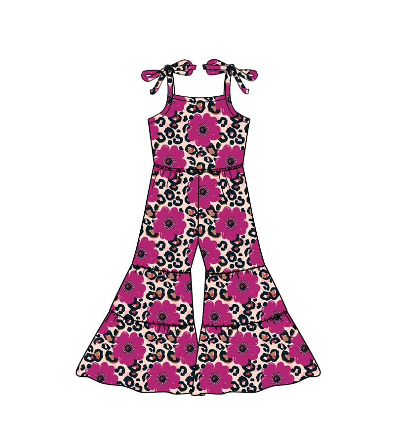 Baby Girls Flowers Maroon Leopard Straps Bell Bottom Pants Jumpsuits preorder(moq 5)