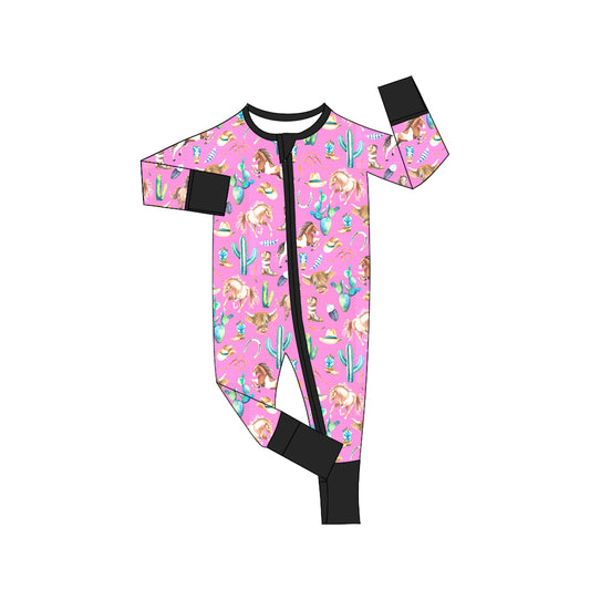 Baby Girls Pink Horse Cactus Zip Long Sleeve Rompers Preorder(moq 5)