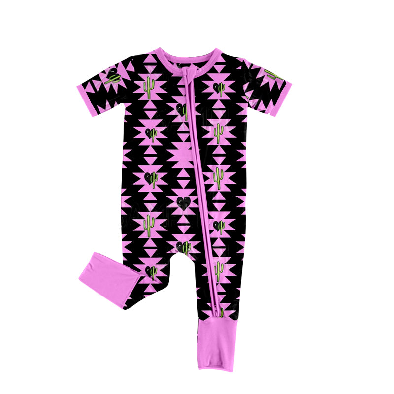 Baby Girls Western Cactus Zip Aztec Pink Short Sleeve Rompers preorder(moq 5)