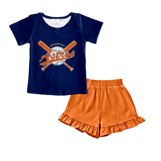 Baby Girls Team Blue Tee Orange Ruffle Shorts Clothing Sets Preorder(moq 5)