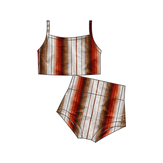 Baby Girls Brown Stripes Straps Top Bummie 2pcs Swimsuits preorder(moq 5)