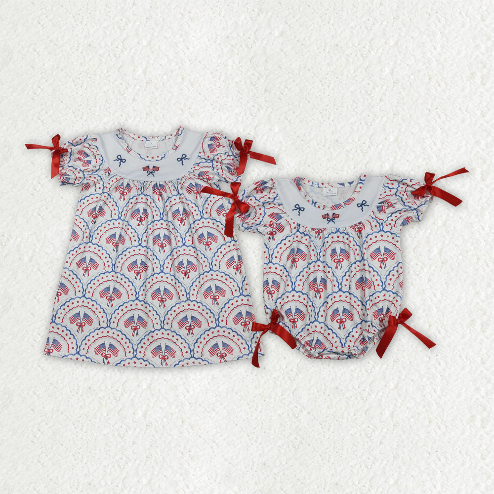 Sibling Baby Girls Embroidery Bow Flags Checked 4th of July Knee Length Dress Rompers