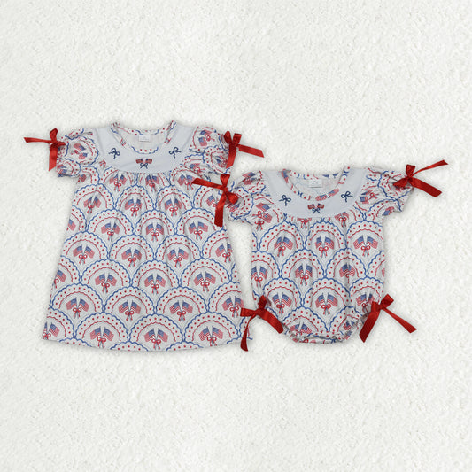 Sibling Baby Girls Embroidery Bow Flags Checked 4th of July Knee Length Dress Rompers