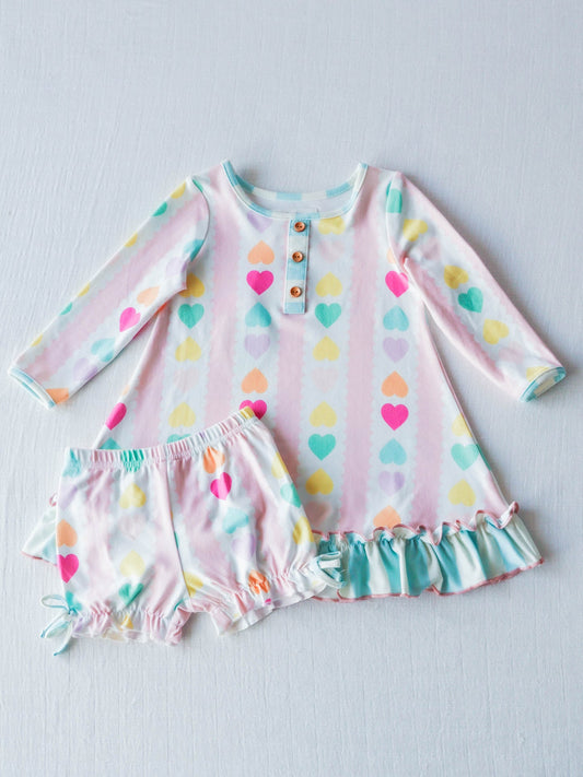 Baby Girls Colorful Hearts Tunic Ruffle Shorts Clothes Sets Preorder(moq 5)