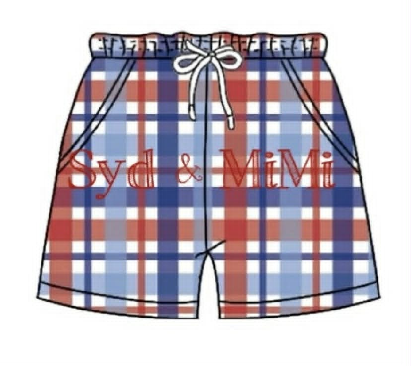 Preorder moq 5 Baby Boys Red Blue Checked Pockets 4th of July Short Bottom