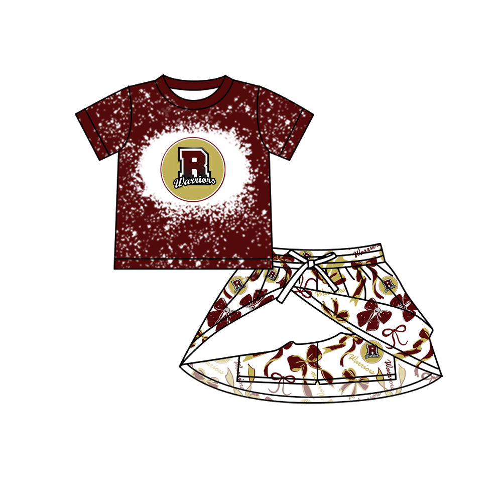 Preorder (moq 5)Baby Girls Wine Short Sleeves Warriors Top Bows Plaid Skorts Team Sets