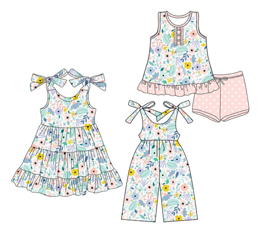 Preorder moq 5 Custom Baby Girls Colorful Floral Leaves Button Tunic Peach Polka Dots Short Set Knee Length Dress Jumpsuits