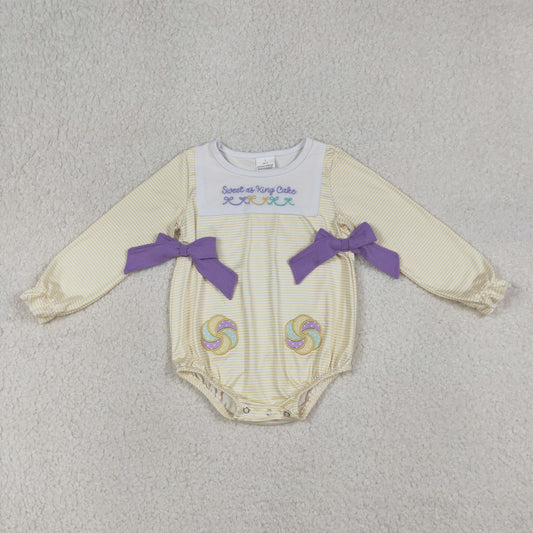 Embroidery Sweet as King Cake Baby Girls Mardigras Stripe Ruffle Rompers