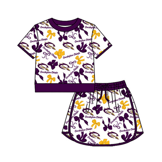 Preorder (moq 5)Baby Girls Bows Crosbyton Chiefs Top Skirt Short Team Clothes Set