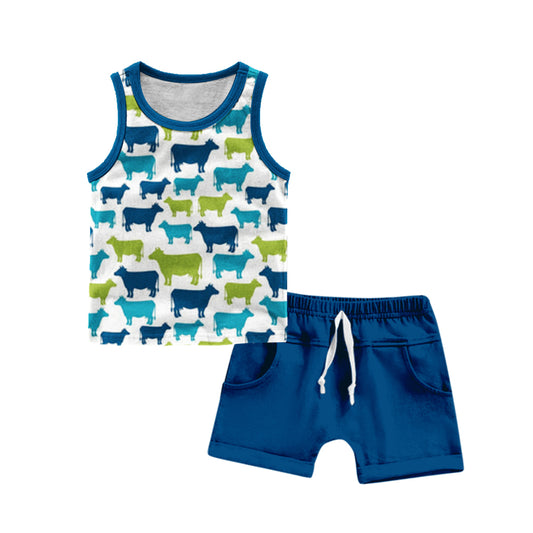 Baby Boys Sleeveless Farm Cows Top Blue Shorts Clothing Sets Preorder(moq 5)